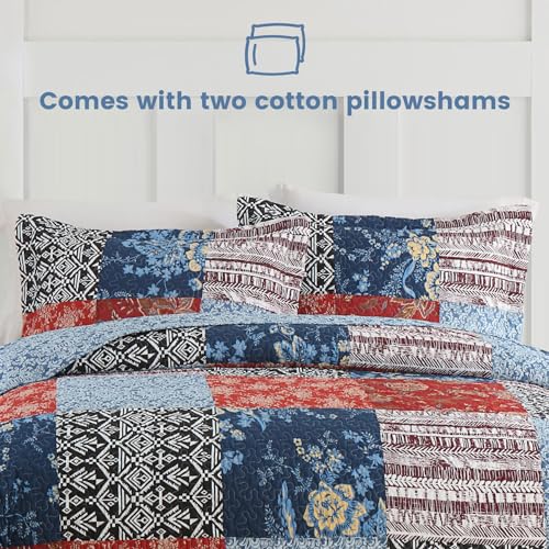 Secgo Twin Comforter Set for Bed - 100% Cotton Quilts Twin Size, Black Bedspreads (68 * 86 Inch) with 2 Pillow Shams, Patchwork Reversible Lightweight Bedding