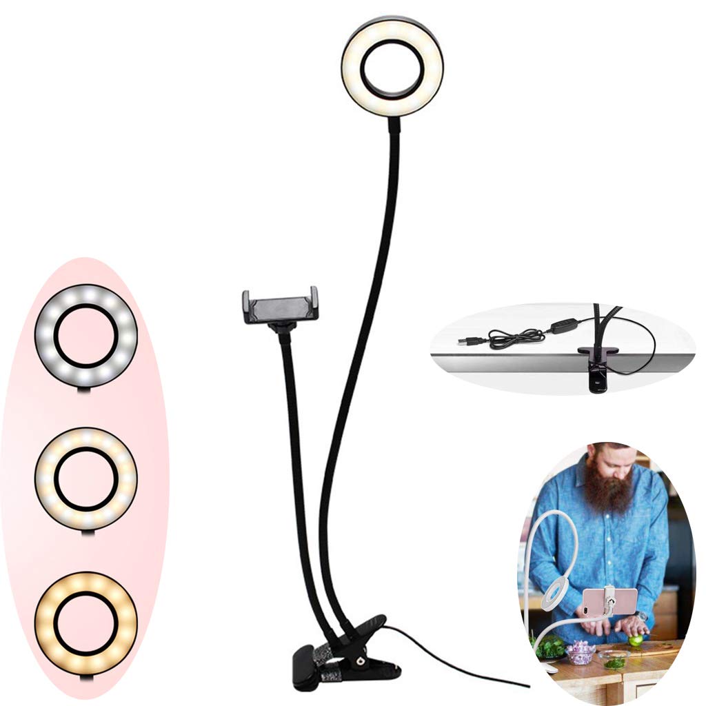 Soporte Perezoso para Teléfono Móvil Selfie, con Transmisión De Luz En Vivo con Temporizador Led, 3 Modos De Iluminación Regulables, Adecuado para Todos Los Teléfonos Móviles Negro