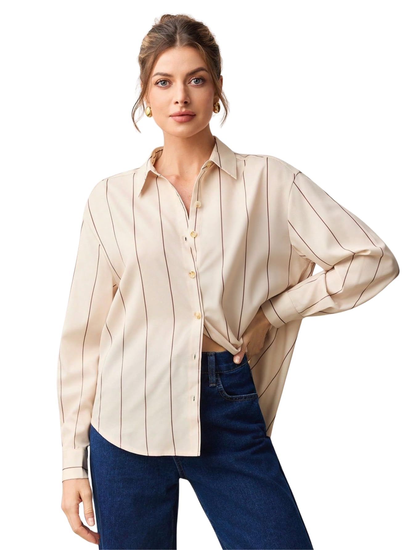 Solid Button Up Drop Shoulder Striped Print Casual Formal Long Sleeve Shirt for Women's & Girl's