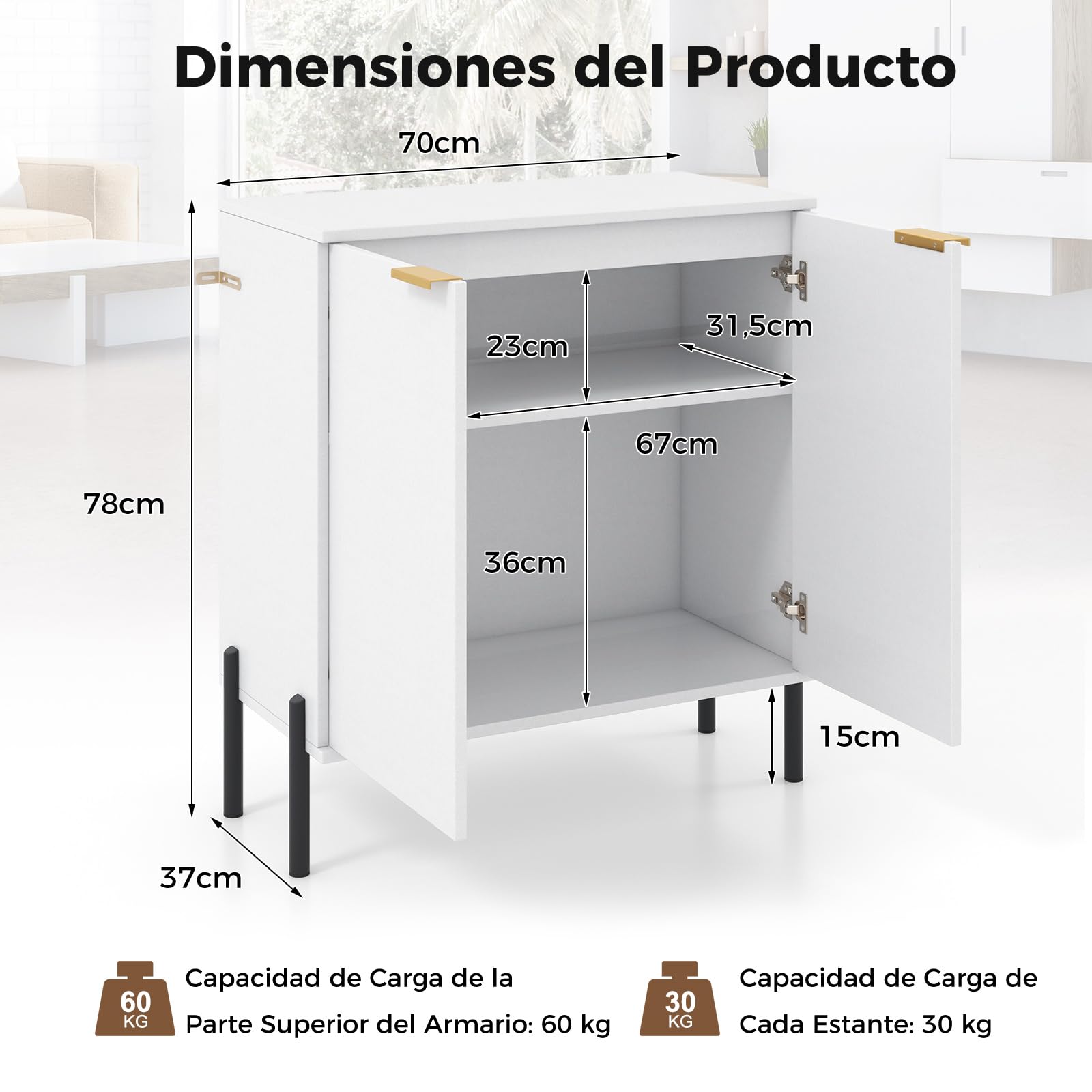 GOPLUS Buffet Aparador de 2 Puertas, Equipado con Kit Antivuelco, Bisagras Ajustables y Patas Metálicas, Mueble Independiente para Cocina, Estilo Moderno de Acento para Salón y Comedor, Blanco