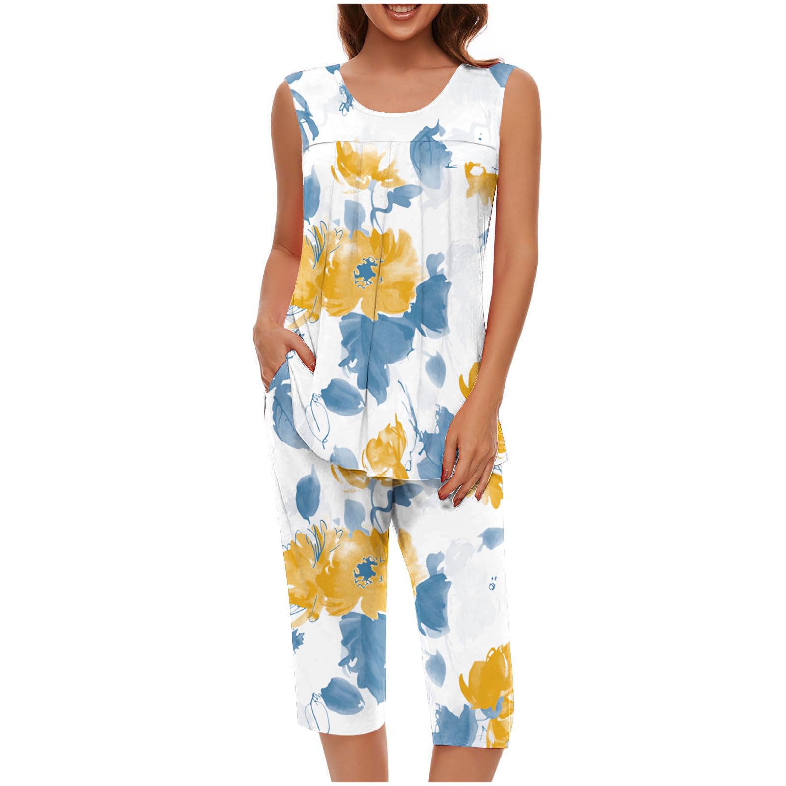 Pajama Sets for Women Summer Plus Size Lounge Sleepwear Loose Sleeveless Tops Printed Bermuda Shorts with Pockets — view 19