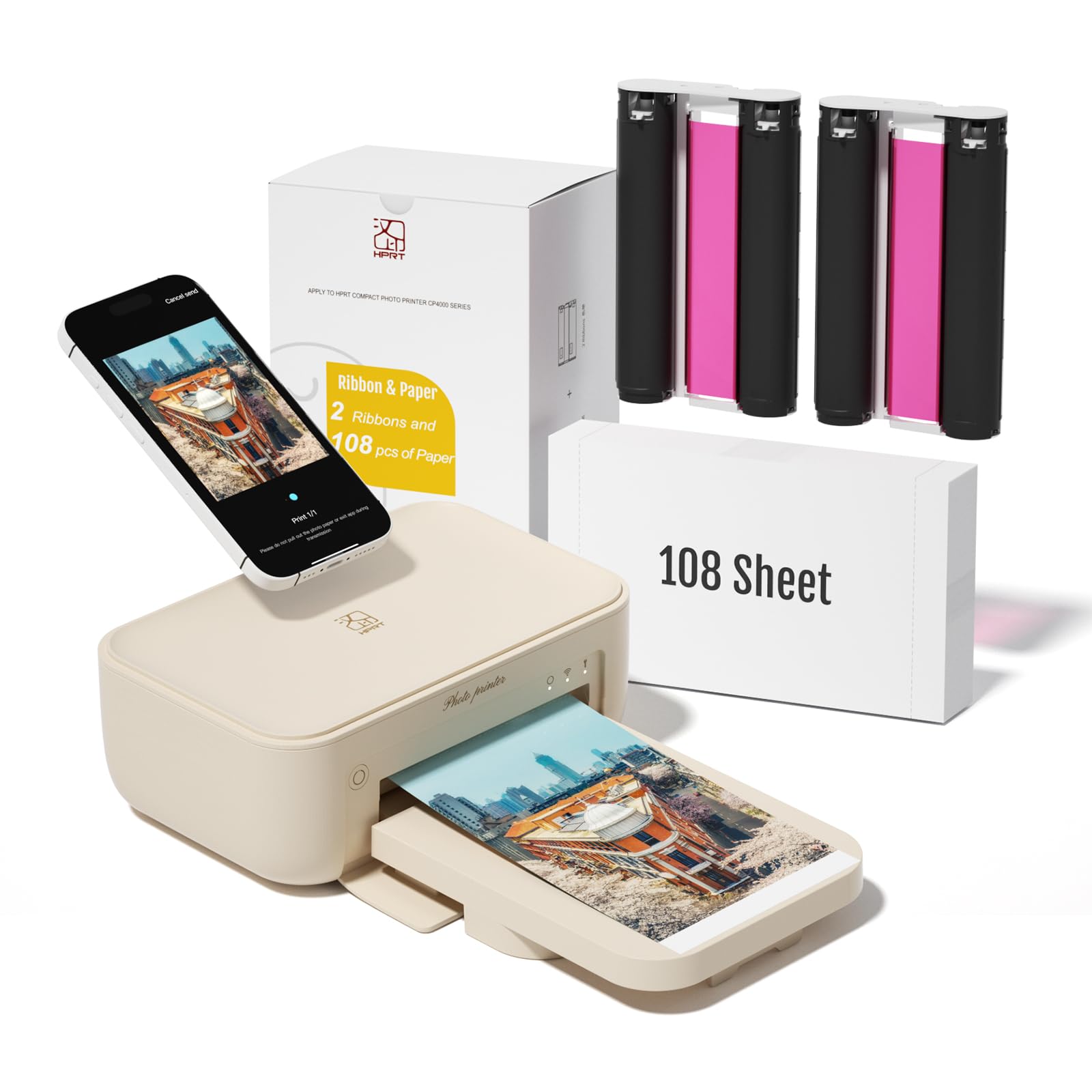 HPRT Desktop Photo Printer 4x6 with 108 Sheet Photo Paper& 2 Ribbon, Instant Picture Printer for iPhone, Smartphone, Thermal Dye Sublimation, WI-Fi Connnecting, Home Use, Beige