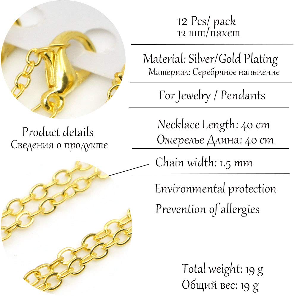 12Pcs/Pack 40cm Gold Plated Lobster Clasp Charms Necklace Chains for DIY Jewelry Findings Bulk Necklaces Chains for Jewelry Making (Gold)