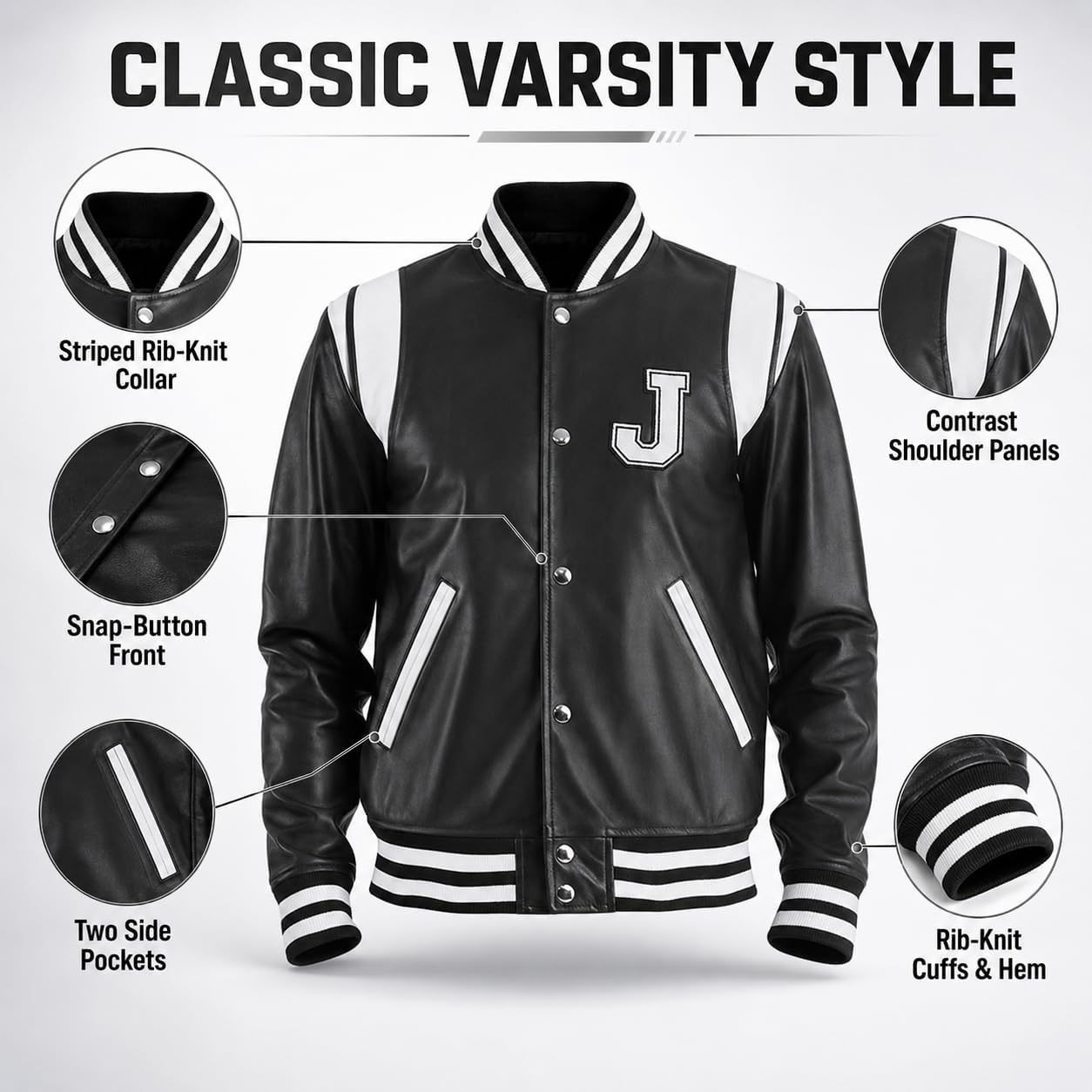 Men's Black Varsity Jacket – Letterman Bomber Jacket Athletic Baseball Style Casual Outerwear