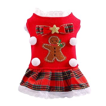 Tengzhi Cute Lace Pet Dress Puppy Clothes for Dog cat Autumn Winter Year Christmas Dog Skirt Gingerbread Man Red Plaid Pet Skirt Teddy Yorkshire Clothes (M)