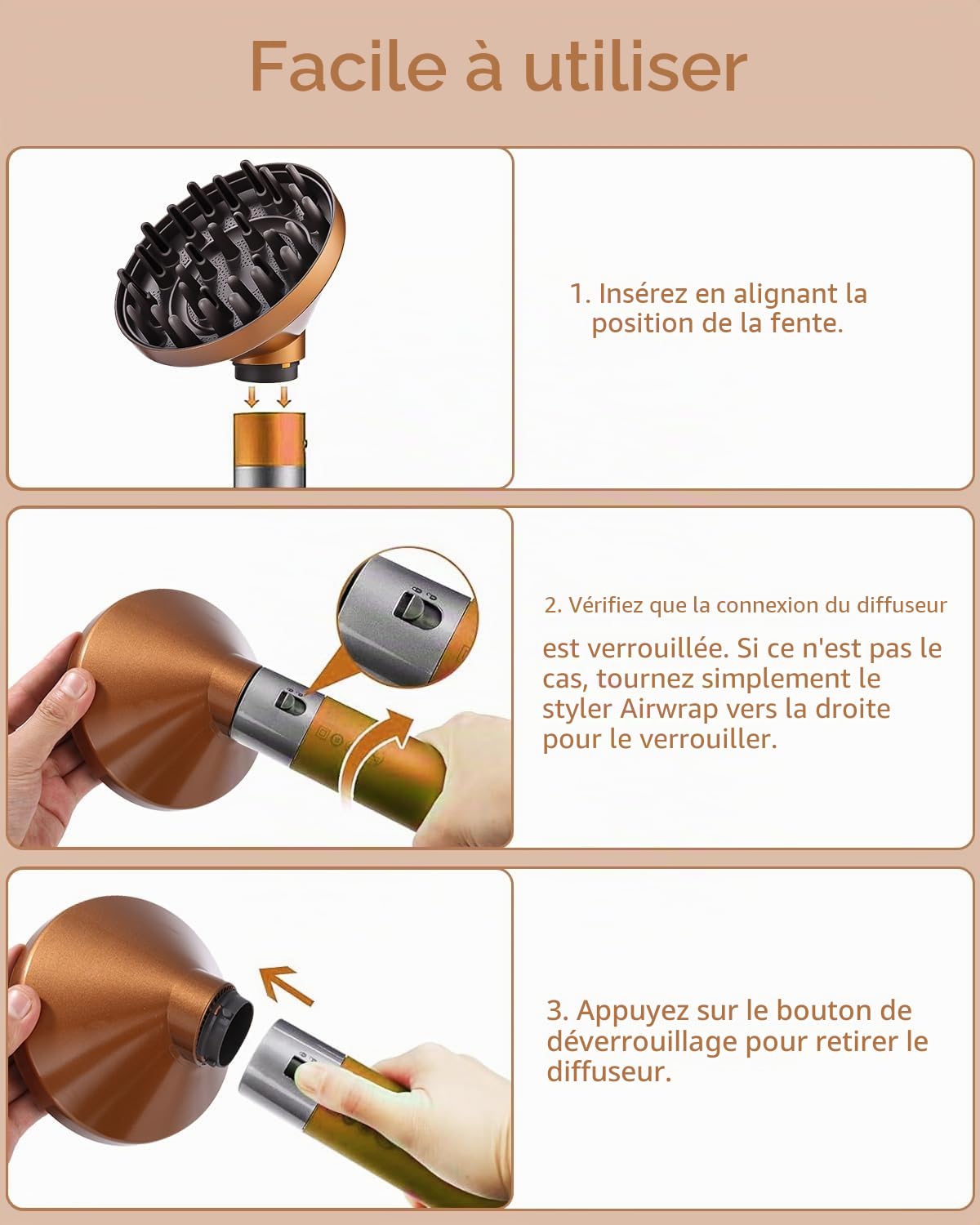 Diffuseur pour Dyson Airwrap HS01 HS03 HS05, diffuseur portable pour boucler les cheveux, pièce de diffuseur pour transformer le styleur Airwrap en sèche-cheveux, or