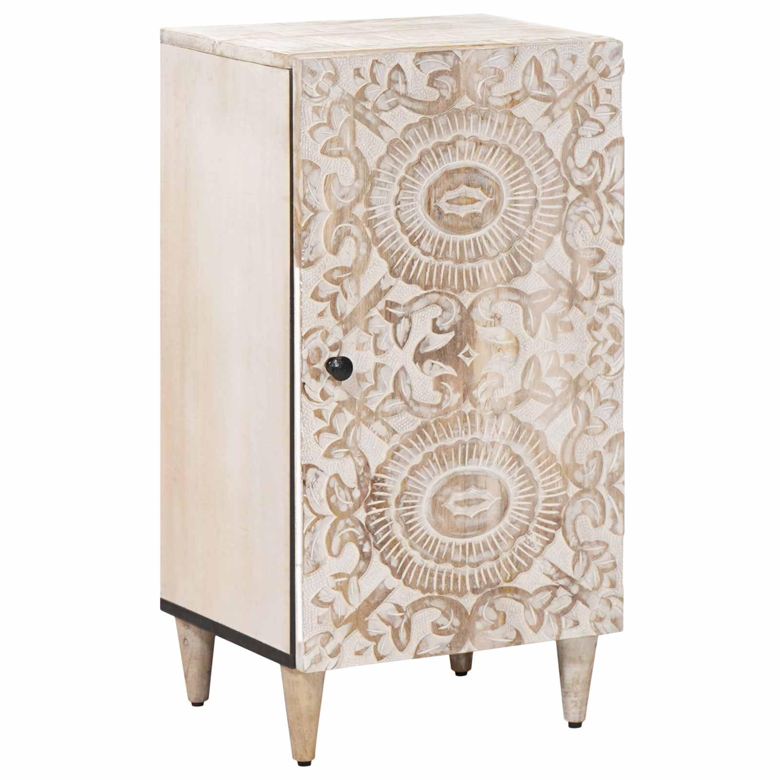 Credenza bianca in legno di mango massiccio, 40 x 33,5 x 75 cm, con portaoggetti, cassettiera compatta per soggiorno, porta TV, Hi-Fi, scaffale per CD e DVD