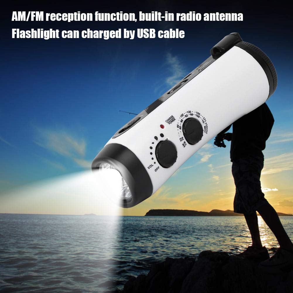 Torcia ricaricabile con energia solare e manovella, manovella esterna in plastica Torcia multifunzione Radio di emergenza LED Torcia Ricarica del telefono cellulare(bianca)