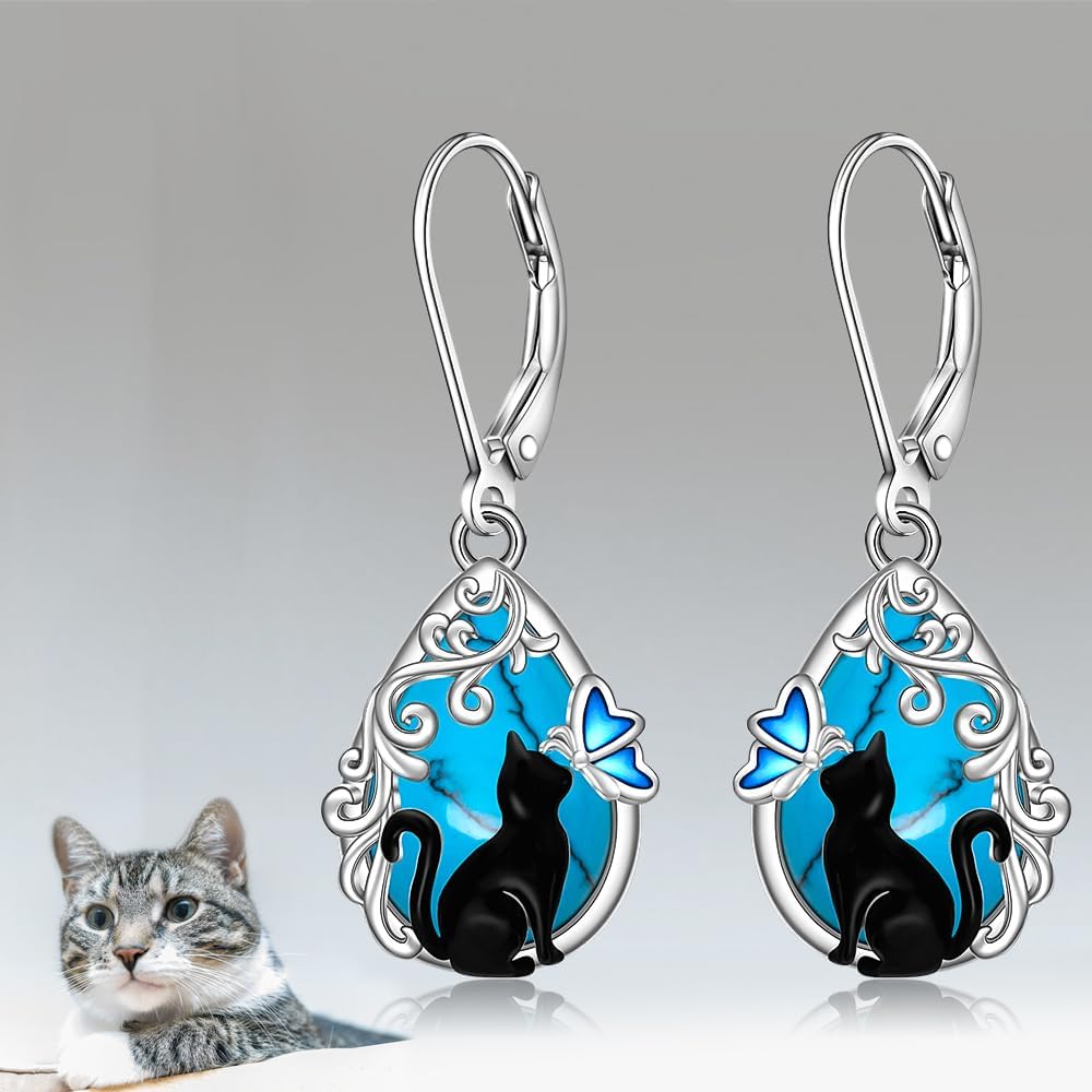 Cat Earrings Turquoise Black Cat Earrings for Women Sterling Silver Turquoise Leverback Dangle Jewelry Halloween Christmas Gifts - Image 6