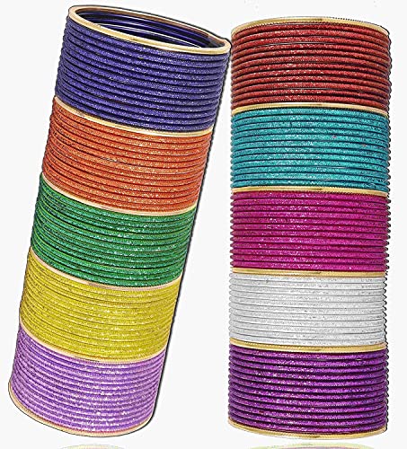 Image of NMII Stylish Multi colour Metal Bangles set for women and Girls with Zari and Cutting Design | Fancy Multicolour Bangles for women | Metal Chudi Set For Women | Women's Bangles