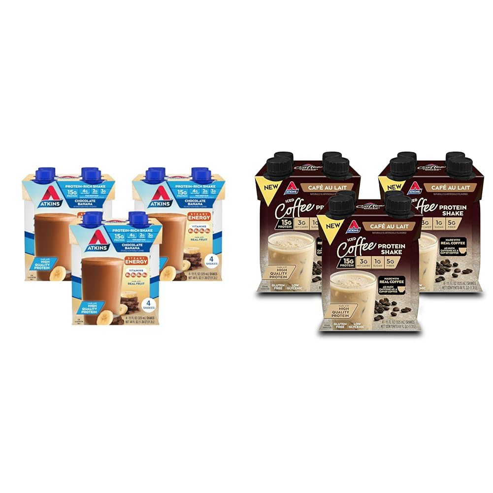 Atkins Protein Shake Bundle: Chocolate Banana, 15g Protein, 12 Count + Café au Lait Iced Coffee, 15g Protein, 4 Count (Pack of 3)