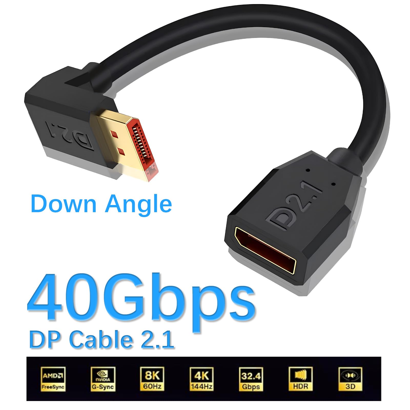 Duttek Câble DisplayPort 2.1 à 90 degrés, 15 cm, 40 Gbit/s court angle vers le bas, câble Displayport mâle vers femelle [16K @ 30 Hz, 8K @ 120 Hz, 4K @ 240 Hz] pour double moniteur, RTX 5090/4090, 240