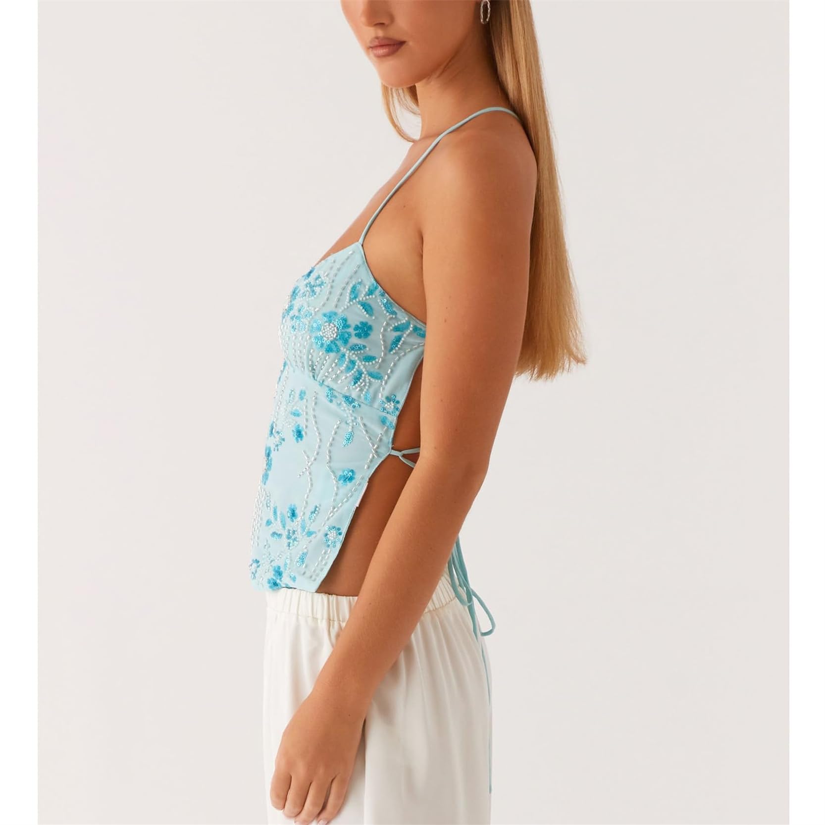 LYGBAOFUL Top Halter con Cuentas de Lentejuelas, Camisola de Fiesta sin Mangas Brillante Y2K con Cuello Vuelto de Corte bajo, Tops Adornados con Diamantes de imitación con Purpurina sin Espalda