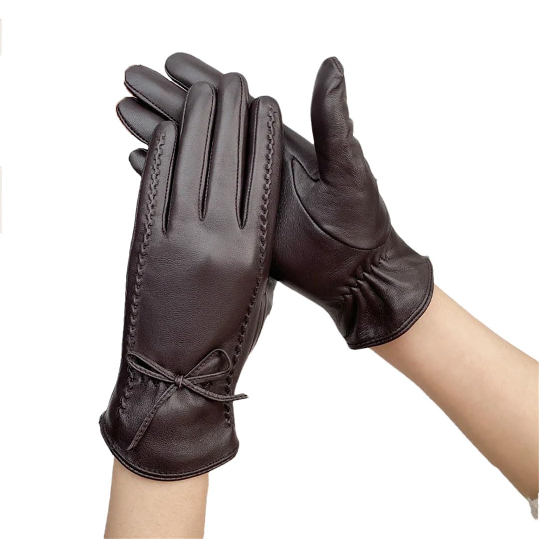Guantes de piel auténtica para mujer, de invierno, con forro polar, térmicos, gruesos, de piel de oveja, guantes para pantalla táctil, color marrón, talla L, marrón, L