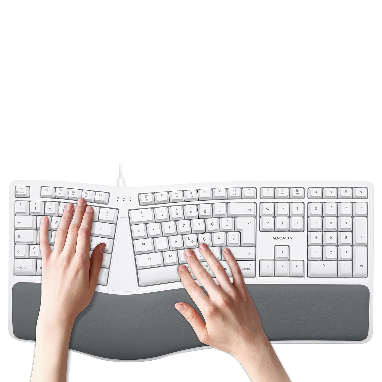 Macally MERGOKEY-DE, Tastiera ergonomica USB-A cablata con poggiapolsi, Layout QWERTZ Tedesco