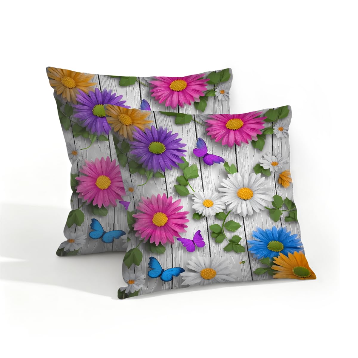 Outdoor Pillow Covers Waterproof Pillowcases 16x16in Set of 2 Spring Daisy Flower On Gray Wooden Decorative Throw Cushion Case for Couch Sofa Garden Patio Furniture