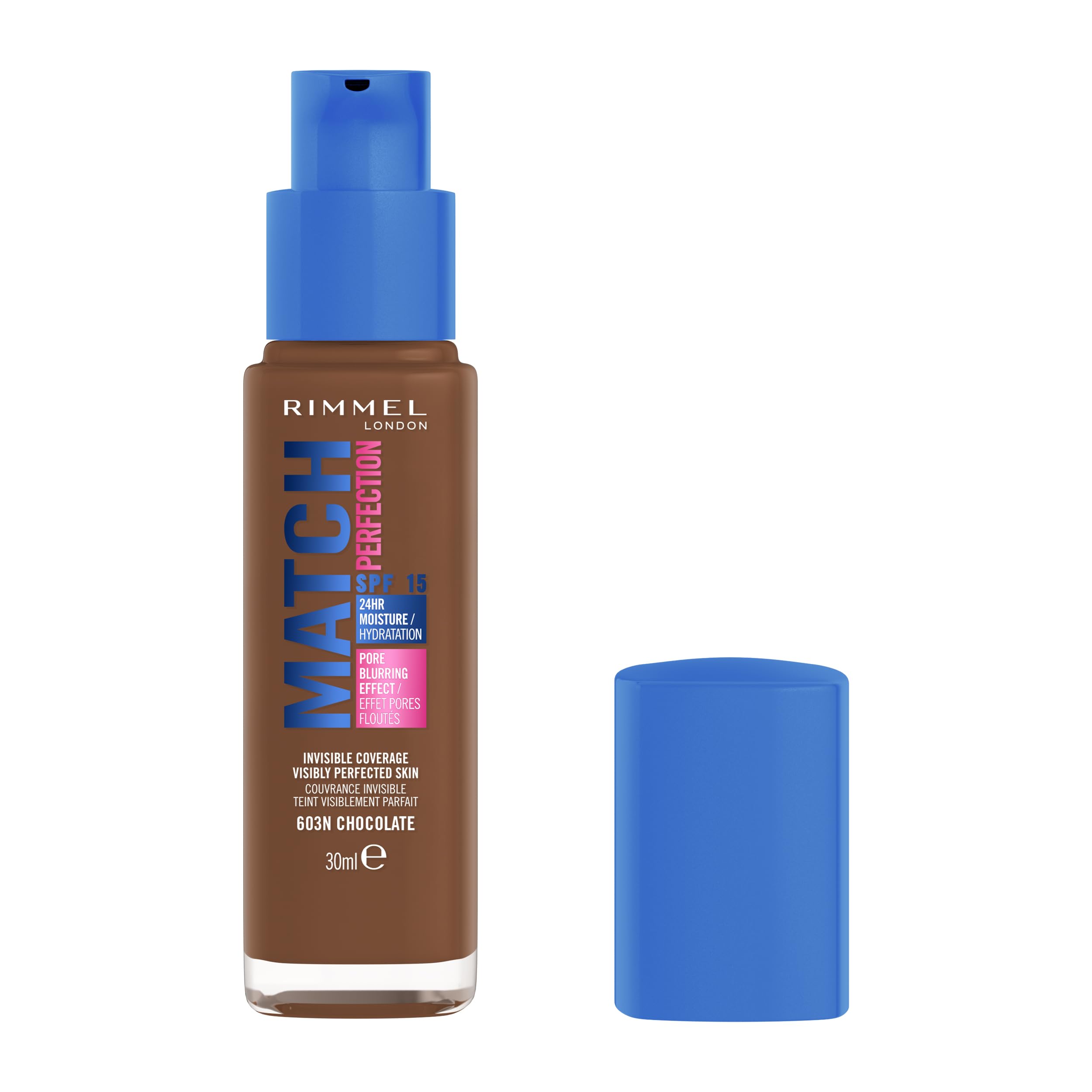 Rimmel Match Perfection Foundation, 603C Chocolate, Invisible Coverage, Pore-blurring, Medium coverage. Visibly perfected skin. SPF20, 30ml, Cruelty Free