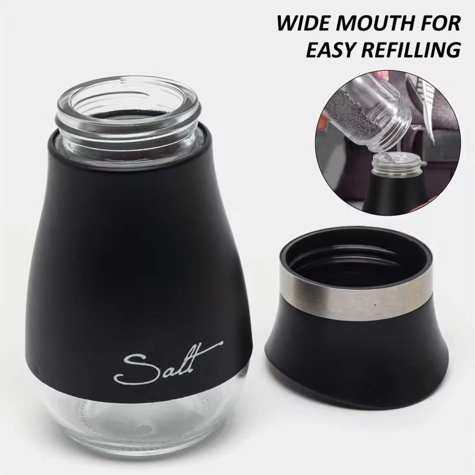 Saliera e Pepiera, 2 pezzi Set Sale e Pepe, 100 ml, Saliera in Vetro e Inox Spargispezie, Barattoli di Spezie
