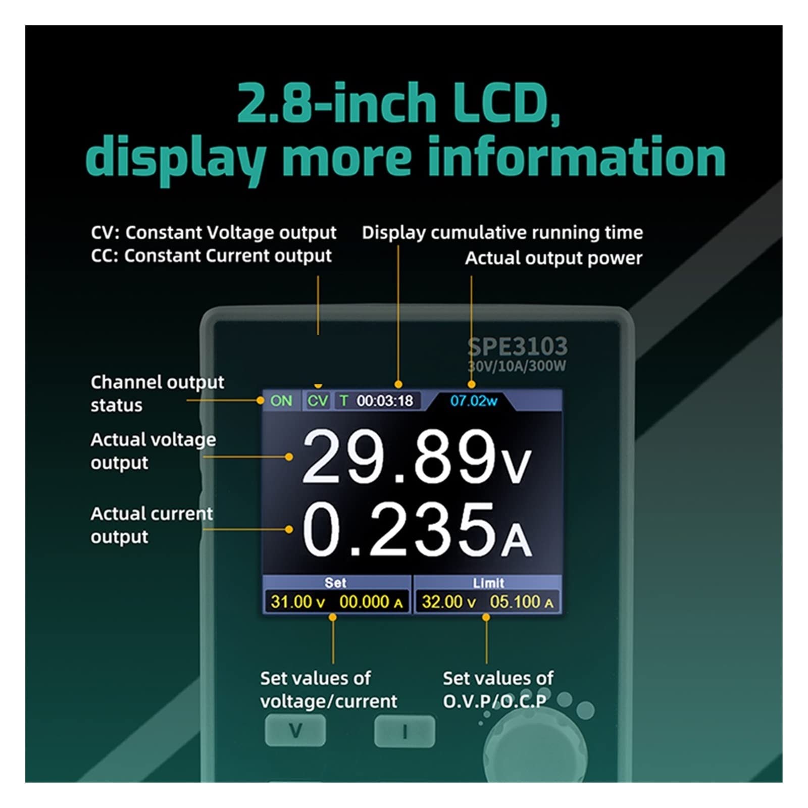 Alimentazione Elettrica Alimentatore CC programmabile 300 W 30 V / 10 A 60 A 2,8quot;Interruttore regolatore di tensione digitale risoluzione LCD 10mV/1mA(SPE3103 300W)