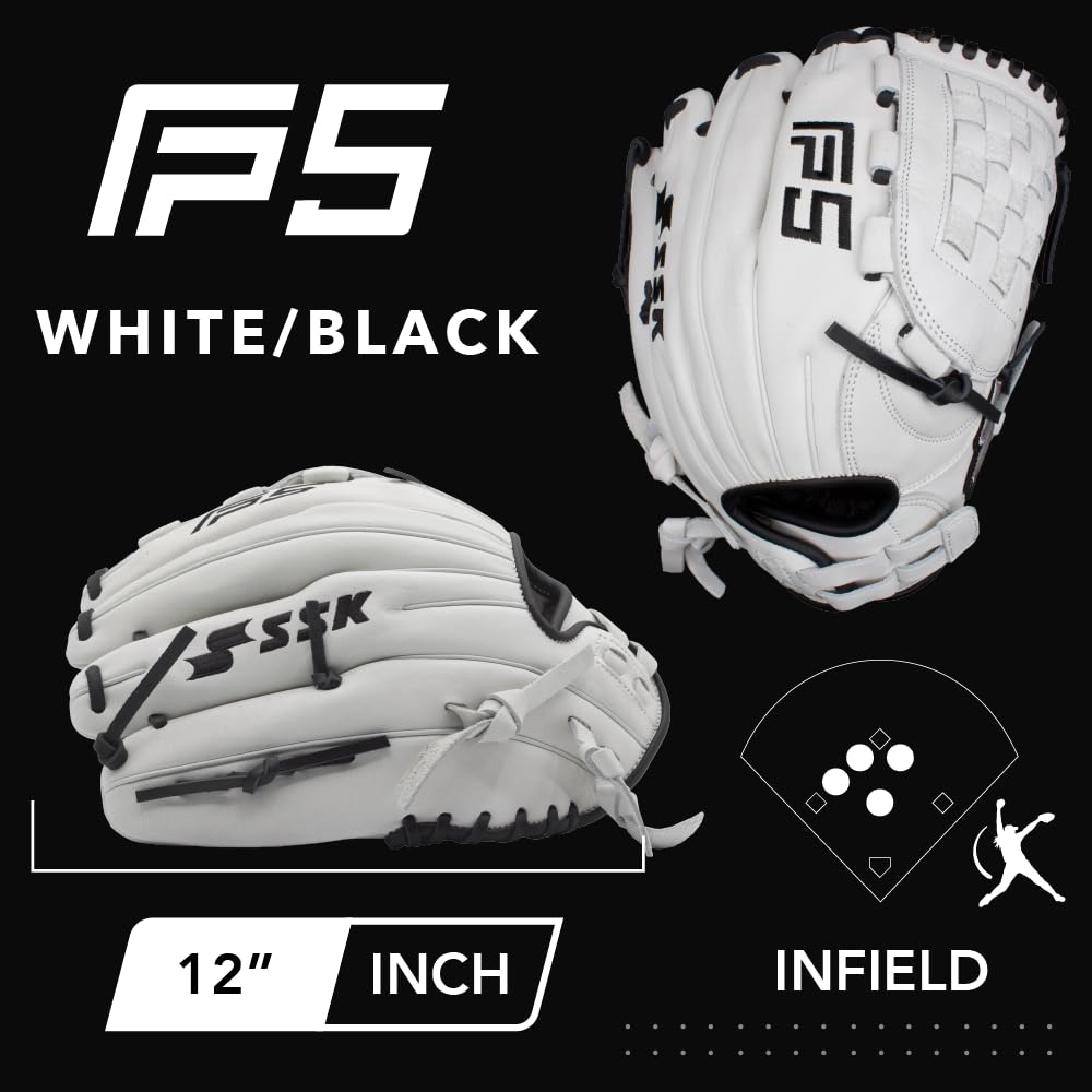 SSK FP5 Fastpitch Softball Glove – Infield - Outfield - Pitcher – 11.5”-11.75”-12”-12.25”-12.5”-12.75”-13”– Right & Left Hand Throw (White/Black - Basket Web, 12