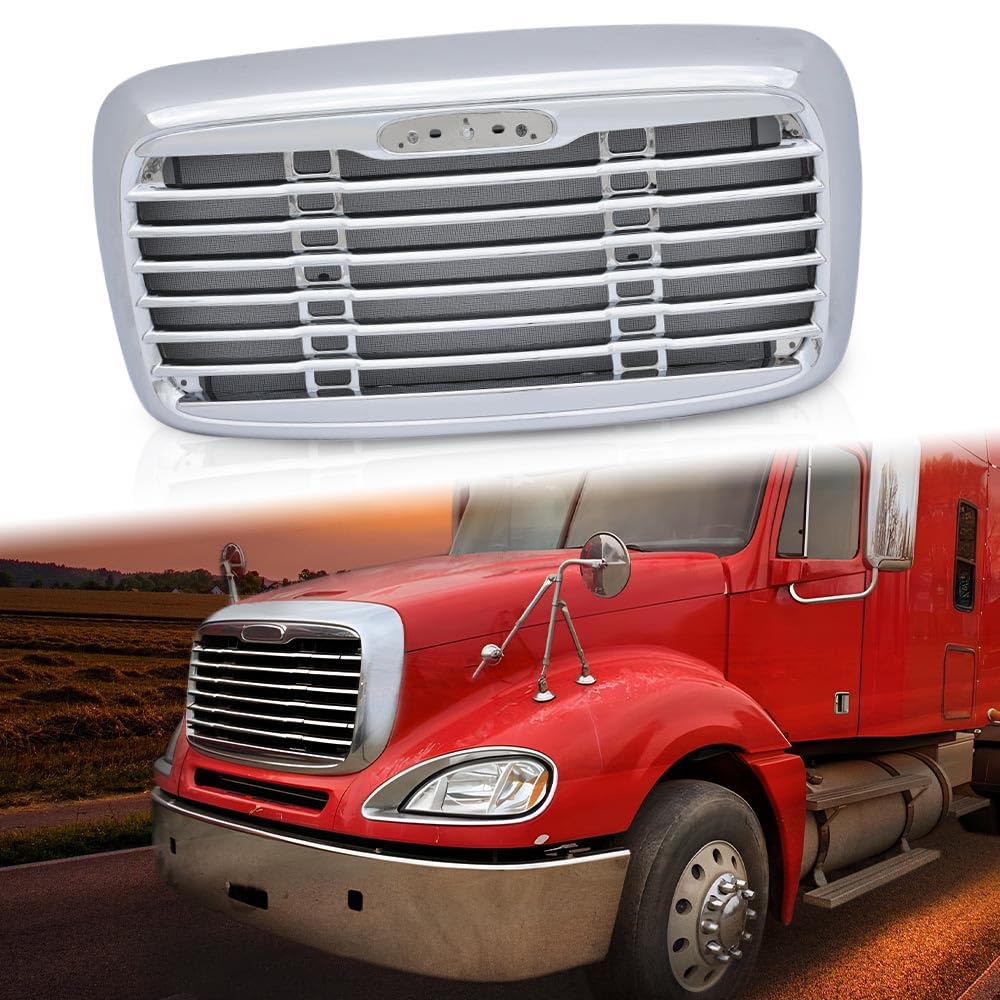PIT66 Front Bumper Grille, Compatible With 2000-2008 Freightliner Columbia, Chrome Grille with Bug Screen, A1715107000 A1715251003