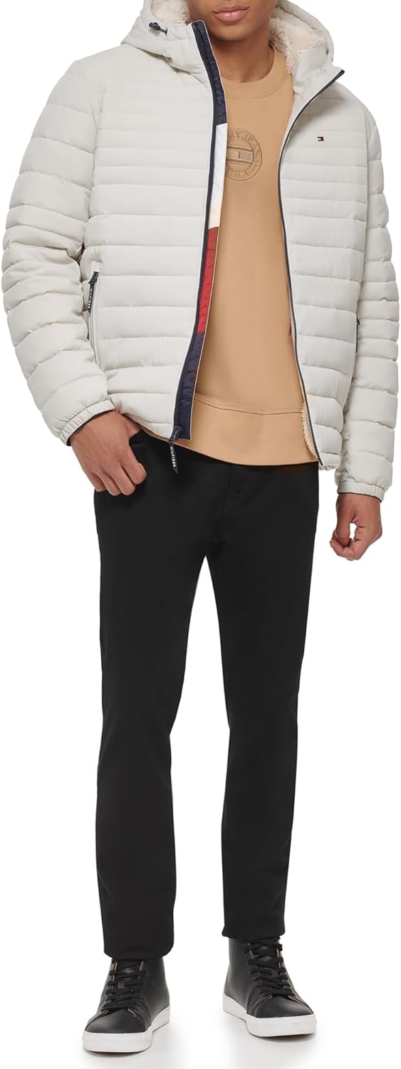 Tommy Hilfiger Mens Stretch Poly Hooded Packable Jacket With Sherpa Lining