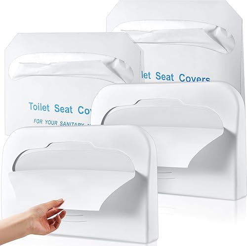 Geetery Juego de 2 dispensadores de fundas de asiento de inodoro con fundas de asiento de inodoro, dispensador de plástico con forro desechable para