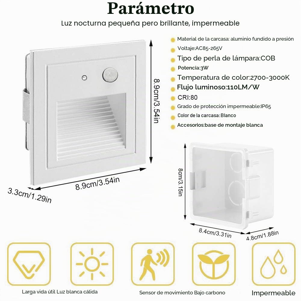 Juego de 4 luces LED empotrables para escaleras, aluminio, 3 W, 230 V, luz blanca cálida, iluminación exterior con detector de movimiento, lámpara de pared, IP65, resistente al agua