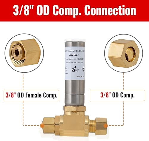 Miniatura 2 de SUNGATOR Martillo de agua de 38 pulgadas, 38 pulgadas macho Comp. × 38 pulgadas hembra Comp. Tee de acero inoxidable para lavavajillas, inodoro,