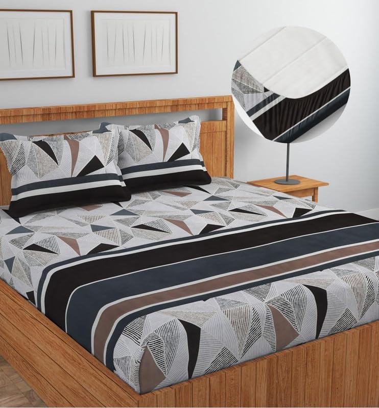 Image of Premium Cotton Fitted Bedsheet King Size 78 x 72 x 8 Inches with 2 Pillow Covers | 220 TC | All-Around Elastic Deep Pocket Bed Cover | Black Grey Taupe Geometric