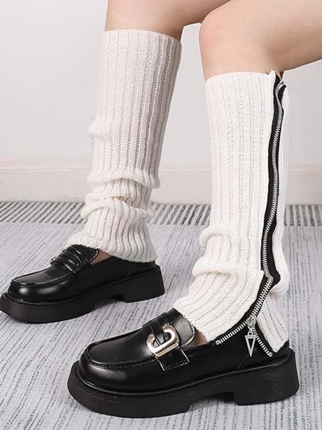 Urieo Calentadores de piernas de invierno de punto, con lazo, color blanco, calcetines largos sin pies, cálidos, Y2K, Navidad, mangas altas para mujer