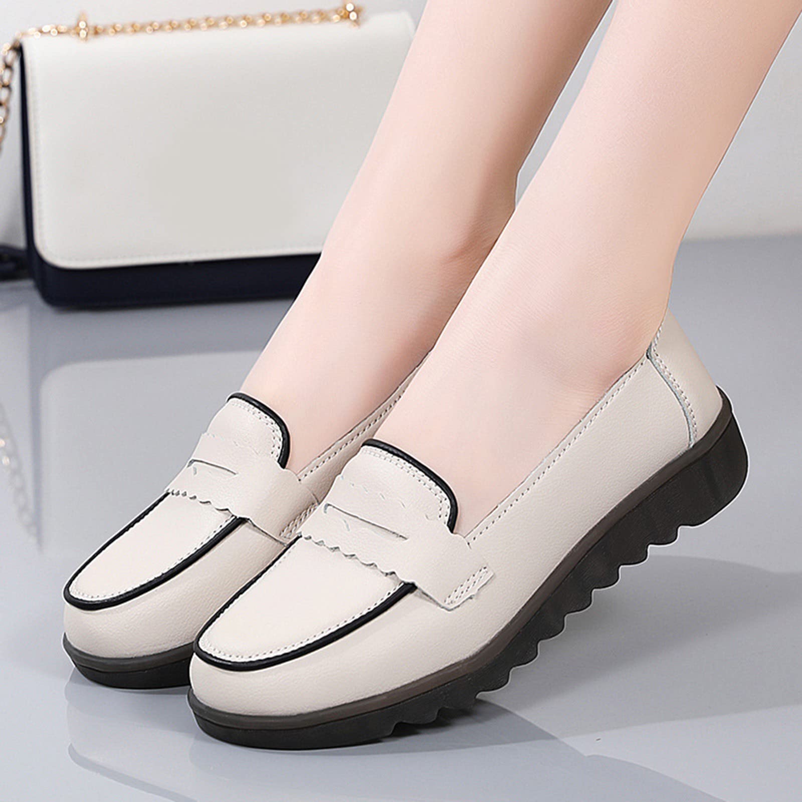 Leather Shoes Anti Slip Women Single Shoes Comfortable to Work Women Shoe Fashion Slip on Casual Shoes for Women Wide White