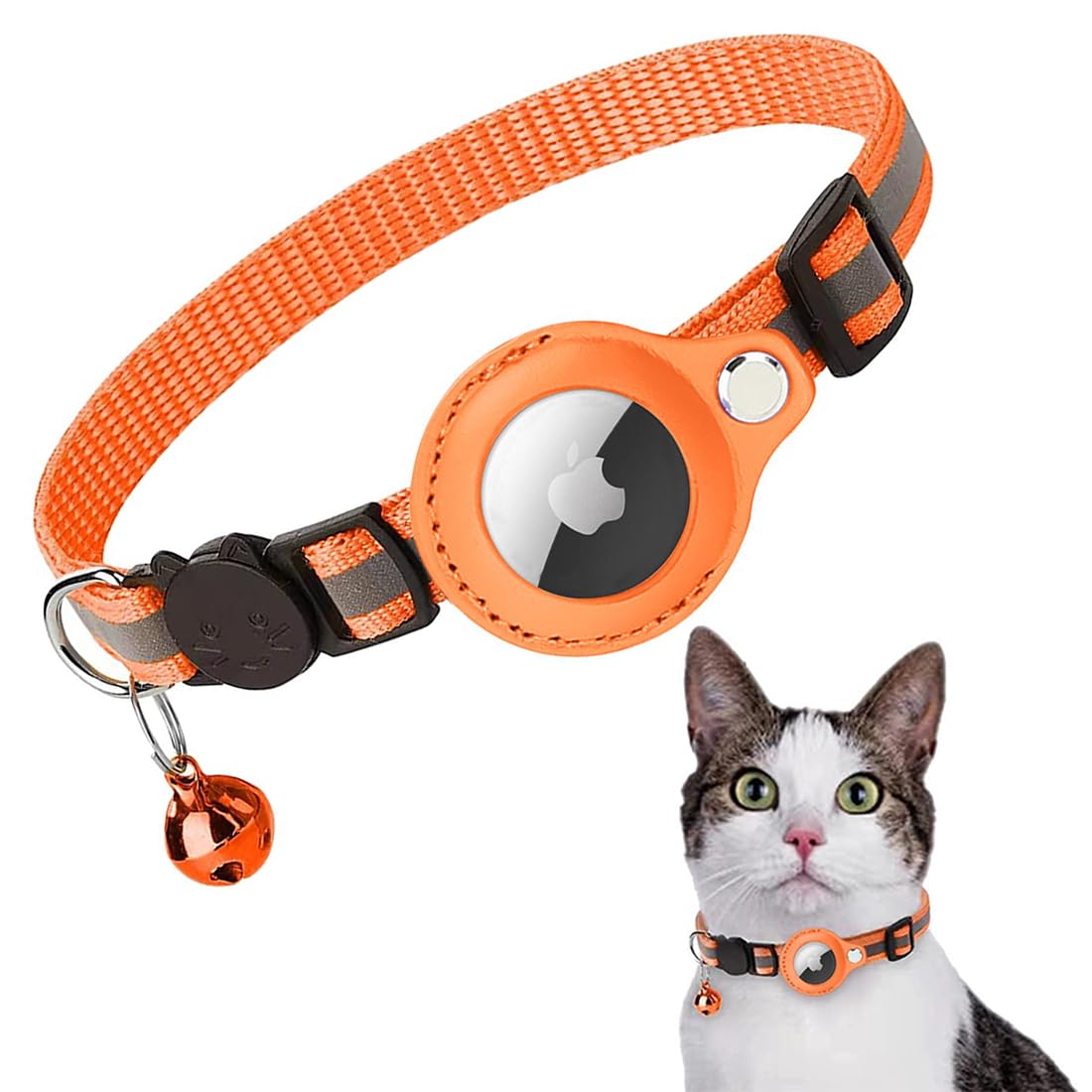 TSUWNO Collar reflectante para perro con campanas y AirTag integrado de Apple, para perros pequeños, medianos y grandes. Disponible en naranja.