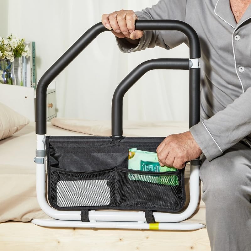 Garvee Barandilla de cama doble ajustable para mayores - Soporte antideslizante 150kg - Prevención de caídas - Bolsa de almacenamiento - Ideal para asistencia domiciliaria - Doble pasamanos, color