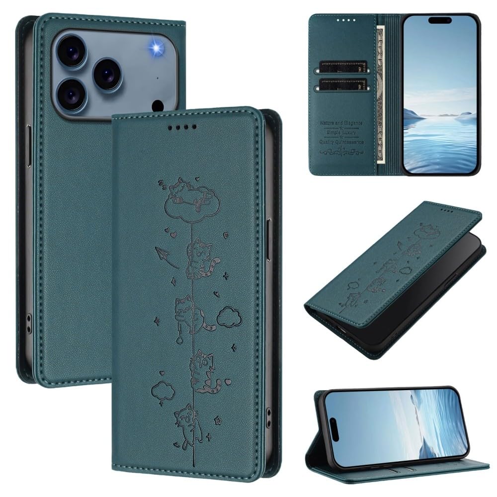Portefeuille en cuir iPhone 12 Pro Max vert foncé étui chat magnétique - 8