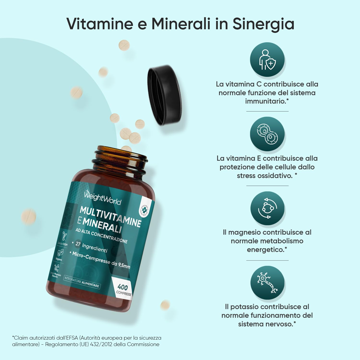 Multivitaminico Completo in 400 Compresse Vegane (+1 Anno), 27 Vitamine e Minerali Essenziali, Multivitaminico Uomo e Donna, Vitamine A, B, C, D, E, K, Ferro, Zinco, Potassio, Senza Magnesio Stearato