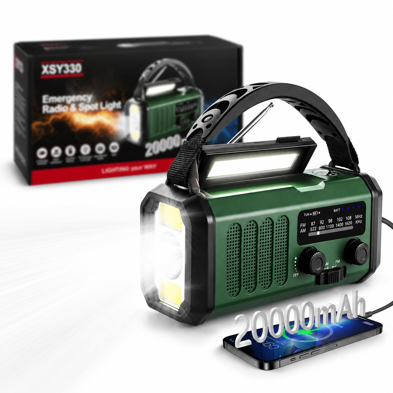 Winnes Radio de Emergencia portátil de 20000 mAh, Alarma SOS, Radio FM/Am, con luz de Lectura, brújula, Soporte para Coche Manual y energía Solar, para Camping al Aire Libre, Cortes de energía
