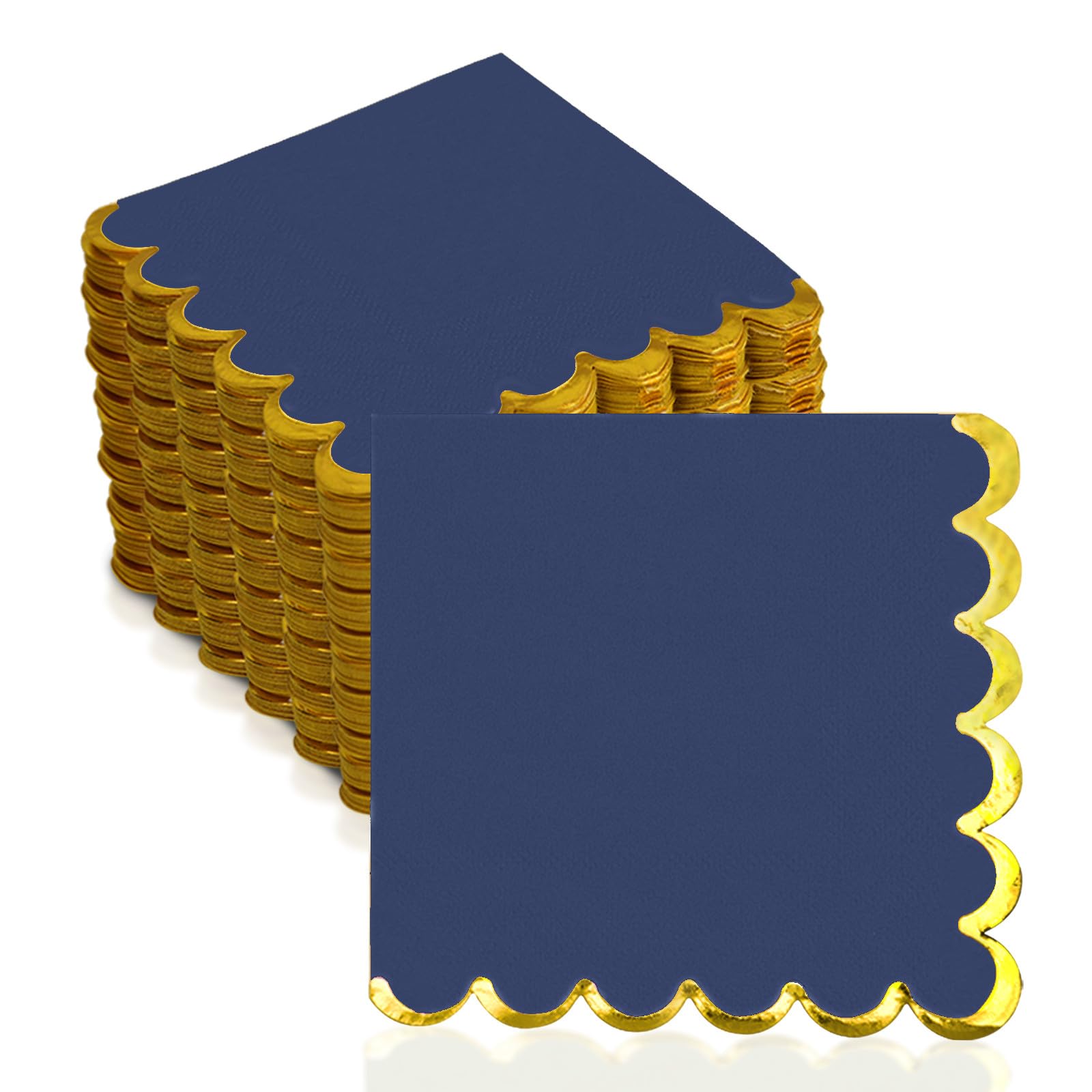 200 Pack Navy Blue and Gold Paper Napkins Scalloped Cocktail Napkins Blue Disposable Beverage Napkins for Birthday Baby Shower Wedding Party Supplies