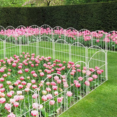 Image of Decorative Garden Fence 17in x30ft, 30 Pack Rustproof Metal No Dig Fence Animal Barrier for Dog, Arched Flower Bed Edging Ornamental Wire Border Panel Fencing (White, 30 Panels-17in(H) x30ft(L))