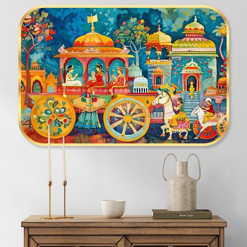 Aayog creations Indian Traditional Royal Chariot Wall Art, 14x11 Inch | Golden Strip Frame, MDF Board, Ready to Hang, Vibrant Mughal Art, Wall Decor-image-22