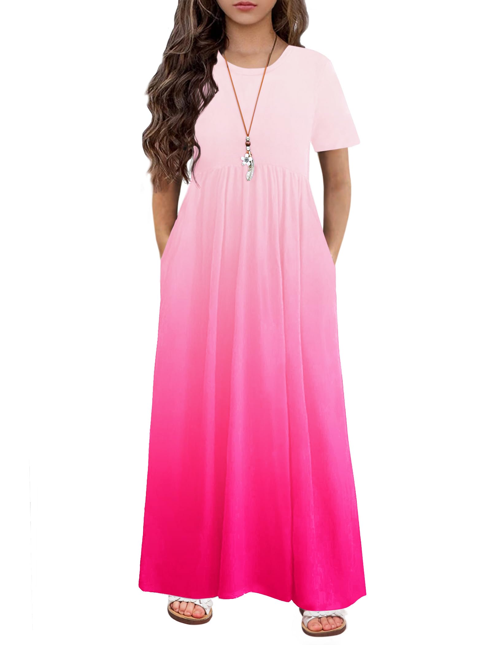 Arshiner Girls Maxi Dress Long/Short Sleeve Casual Holiday Dress with Pockets for 5-13 Years