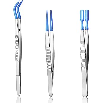 Pack of 3 Tweezers with Rubber Tips PVC Coated Precision Rubber Straight Flat Tip Long Curved Tweezers for Crafts Stamps Beads Jewellery Blue