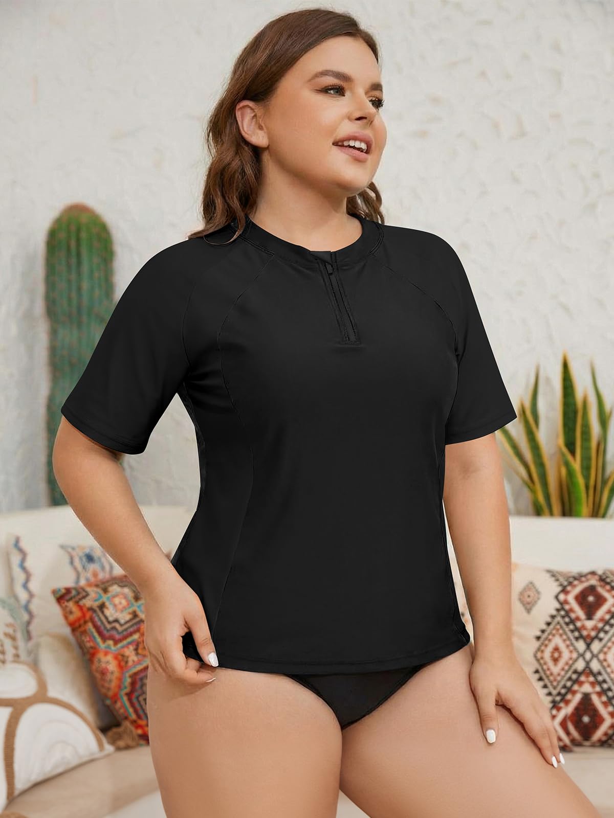 SHEKINI Camiseta de natación de manga corta con cremallera para mujer, talla grande, protección solar, modesto, traje de baño
