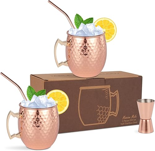 Moscow Mule - Juego de 2 tazas de cobre martillado con forro de acero inoxidable, 2 popotes y jigger, juego de regalo de bar para cócteles, bodas,