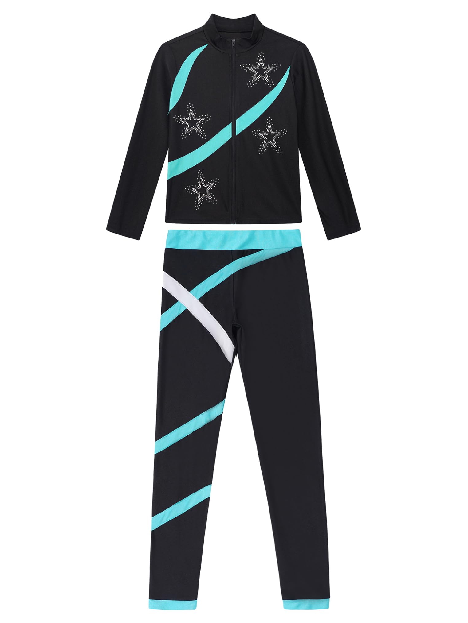 Freebily Kinder Trainingsanzüg Mädchen Eiskunstlauf Anzug Jacke Leggings Set Mit Strass-Stern Und Patchwork Eislaufen Sport Sweatsuit Tanzanzug Blaugrün 134-140