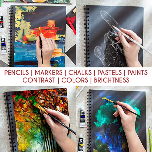 Black Sketchbook (Pack Of 2, 60 Sheets) 9X12” - Heavyweight Paper 150Gsm / 100 Lbs, Perfect For Graphite & Colored Pencils, Charcoal, Chalk, Pack Of 2 X Professional Black Drawing Paper Zenacolor #TOP3