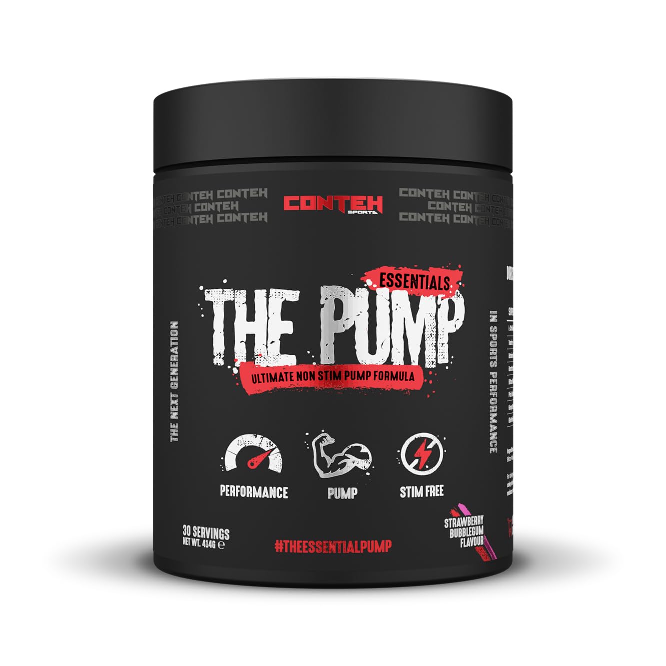 The Pump - Polvere pre-allenamento senza stimolanti, gamma Essentials, formula intensa, 30 porzioni, aromi di bacche, ciliegia e fragola (taglia unica, gomma da masticare alla fragola)