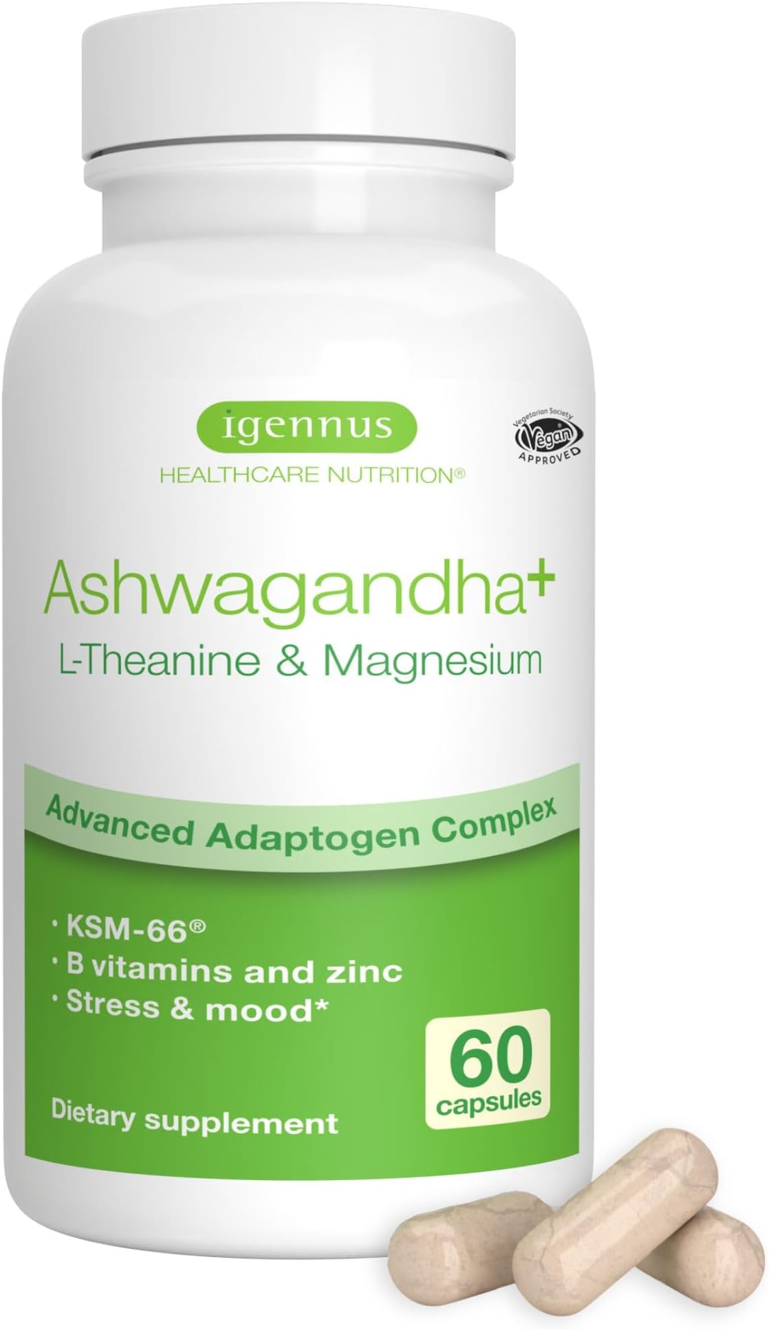 Igennus High Strength Ashwagandha, Magnesium, & L-Theanine Stress Relief Complex, KSM-66 Root Extract Adaptogens, Boosted with Methylfolate, Zinc & Biotin Clean Label, 60 Fast Acting Capsules