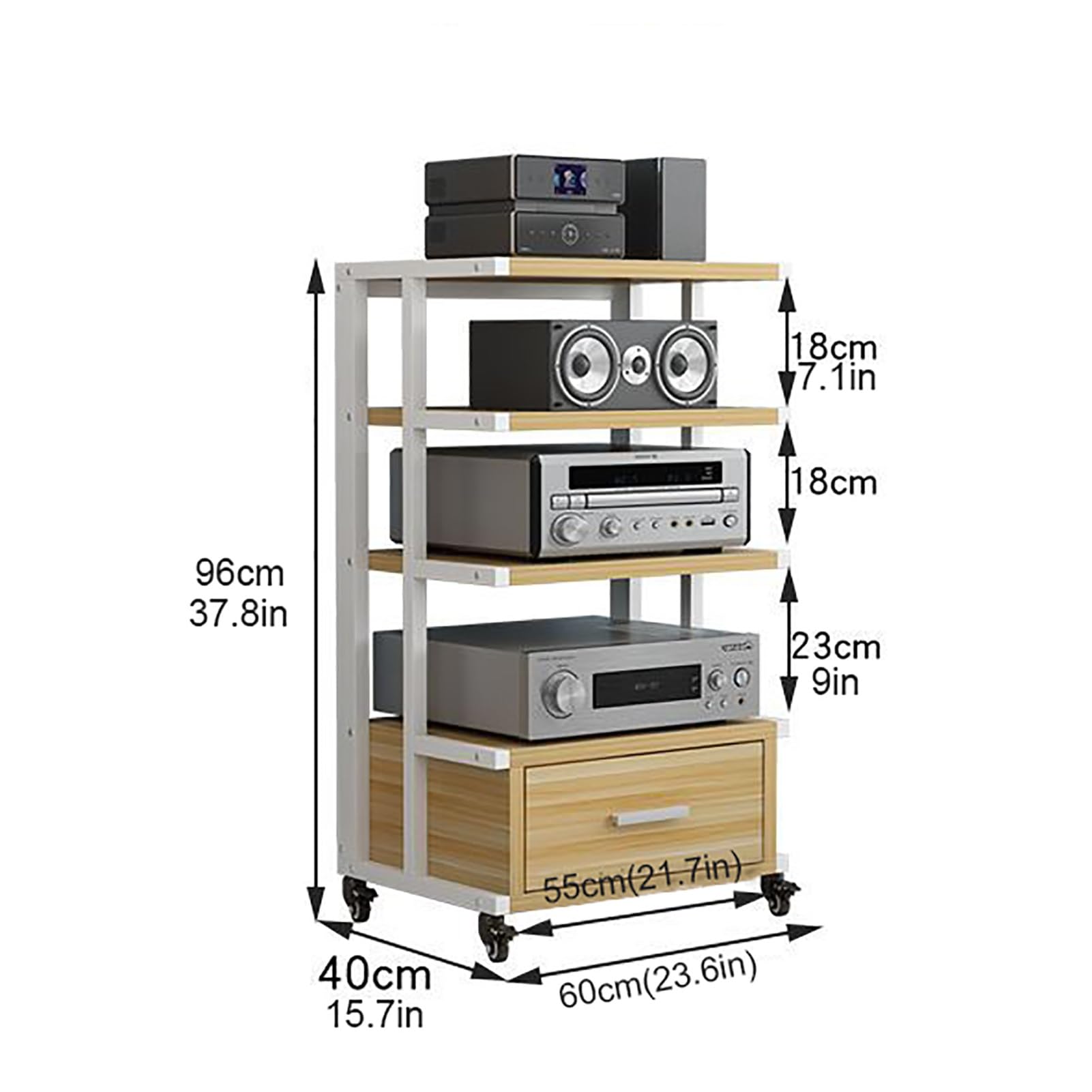 JIAHESHYP 4-Tier Shelves Audio Video Media Stand, Movable Wooden Corner Shelf Cabinet with Height Adjustable and Pulley, Modern AV Cabinet Storage, for Home/Office/DJ/Theater (Color : D)