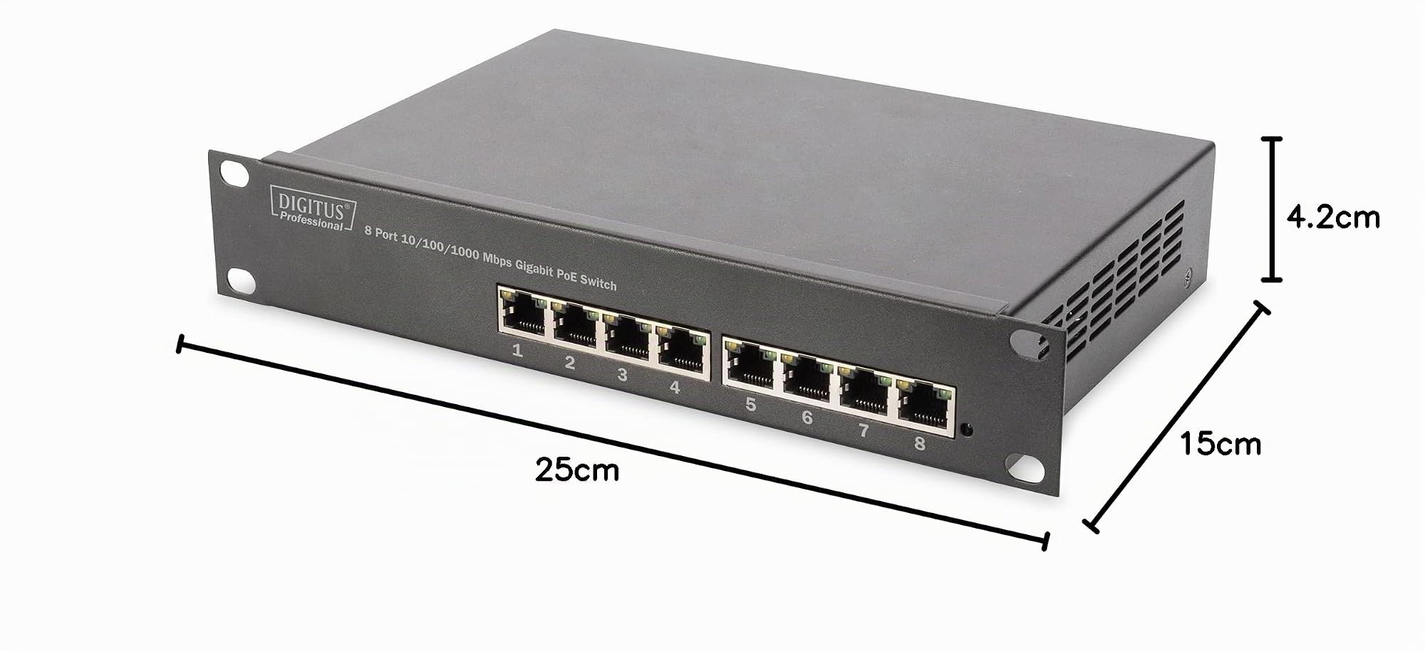 DIGITUS Switch Gigabit Ethernet PoE+, 10 pollici, 8 porte, Non gestito, IEEE 802.3at, 96 Watt di budget di potenza, Nero